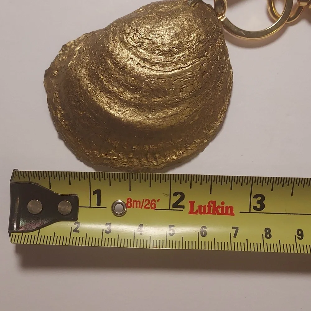Oyster Shell Keychain Purse Charm With Leather Tassel Gold and White Coastal